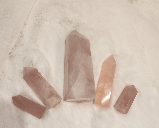 Rose Quartz Point & Tower: Opens the heart, promotes love, self-love, deep inner healing, Fertility and peace